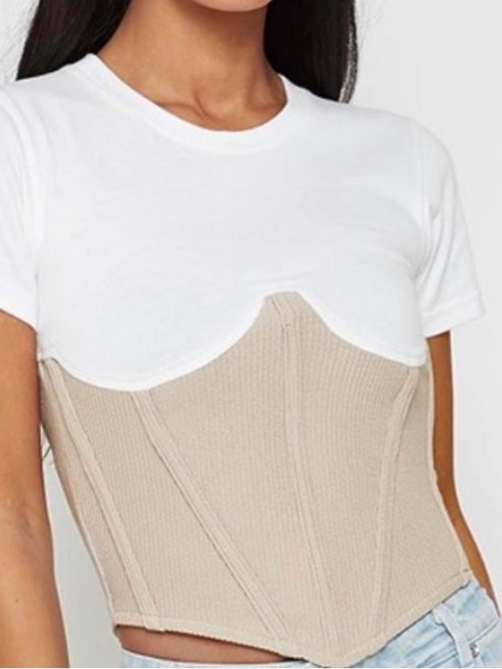 Maniere De Voir White & Beige Corset-Layer Crop Top